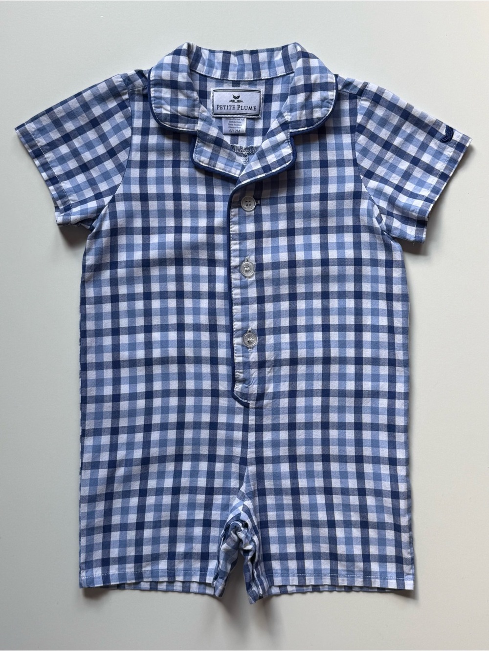 Petite Plume Baby Boy Twill Summer Romper, 
Royal Blue Gingham - Size 6/12M